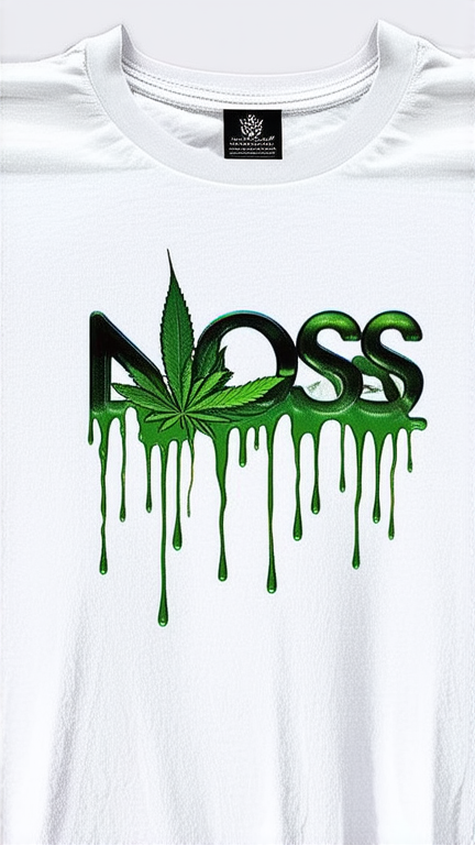 Un t-shirt blanc avec marquer dessus en dégoulinant (Ndoss
                                 Riche) et avec des feuilles de cannabis