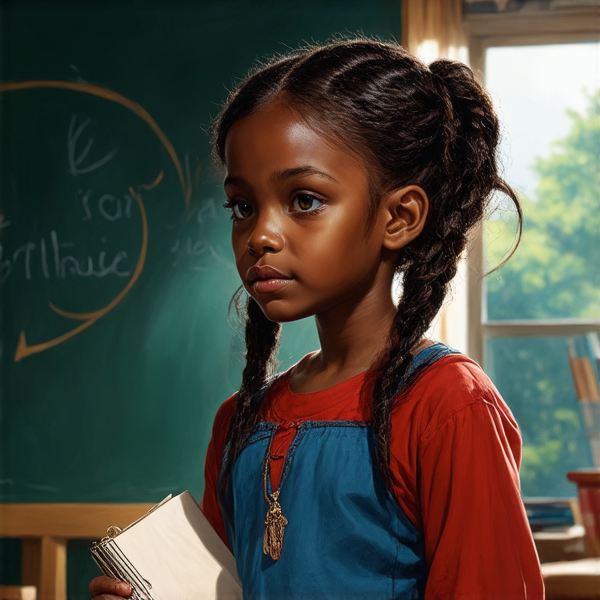 A 8 year-old African girl with intricate braided hair, standing confidently in a vibrant classroom environment, holding notebooks in her hands while facing a chalkboard filled with educational content