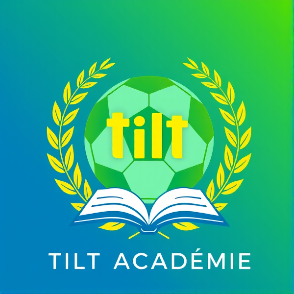 Création d'un logo moderne pour "Tilt Académie" fusionnant un ballon de football élégant et une couronne de laurier représentative de la victoire, le tout encerclant harmonieusement. Inclure en filigrane un livre ouvert évoquant l'éducation, en utilisant des couleurs vibrantes telles que le bleu électrique pour le dynamisme, le jaire canari pour l'optimisme et le vert printemps pour la croissance. Les caractères typographiques doivent être fins et contemporains, offrant une excellente lisibilité tout en reflétant un esprit sportif et intellectuel.