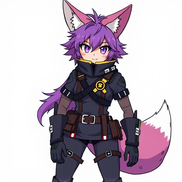 My hero academia oc. Purple fluffy hair. Hero costume with harness. Boots. And a bunch of straps. Fox ears and a tail