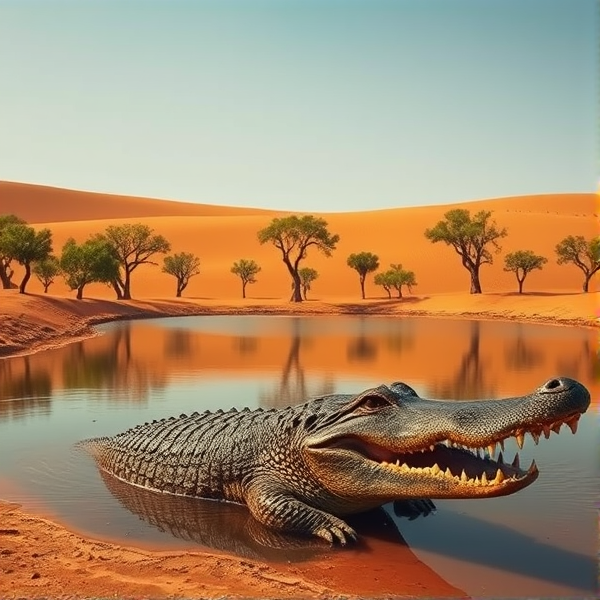 desert with a lake in the middle with trees with a dingo head and crocodile teeth and body