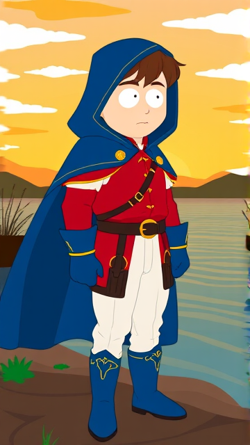 Clyde Donovan from South Park, light skin and brown hair, but as a 14-Year Old, dressed as a medieval prince with a red shirt with white sleeves, a black belt with a gold buckle, white pants, blue boots, blue long-cuffed gloves, and wreathed in a really big, heel-length long, ultra-wide blue hooded cape, now known as Prince Donovan. Despite still being a kid, he is the Youngest Ruler of South Park, Colorado, but now reborn as the real life Kingdom of Kupa Keep, Zaron, and Prince Donovan is its youngest and greatest hero. The young teenage prince of Kupa Keep is currently standing by the shoreline of a lake, looking out to the horizon and wondering what his next adventure will be.