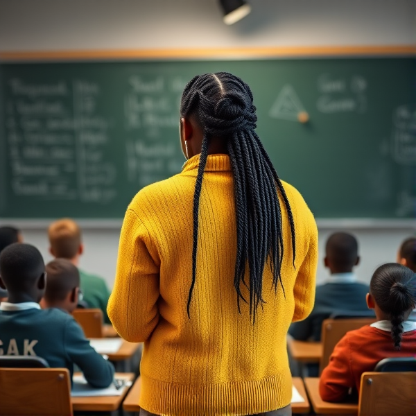 Une enseignante noire âgée de quarante ans coiffée de tresses africaines traditionnelles, portant un pull jaune  se tient le dos tourné en train d'y écrire à la craie blanche au tableau dans une salle de classe avec des élèves noires agés de huit ans.