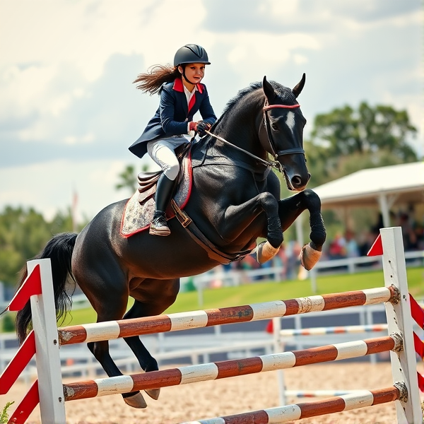 teen age girl jumping a humongous showjump on jet black horse with all fancy gear on horse and rider full view