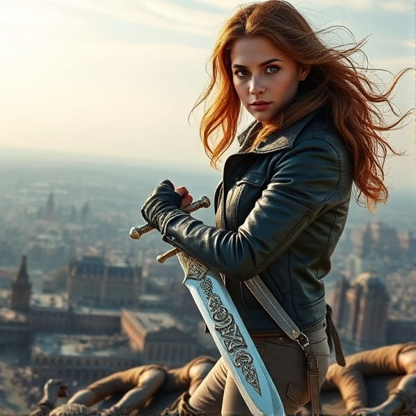 Young woman with wavy brown/auburn hair that reaches her mid back, hazel eyes gleaming with determination, clad in a weathered leather jacket and combat boots, stands defiantly atop a windswept hill. Her posture is confident and fierce as she grips a gleaming silver sword with intricate engravings on the hilt. She surveys the devastation below where hordes of zombies lay defeated amidst smoldering ruins of what was once a vibrant city. The early morning light casts long shadows and highlights the aftermath of an epic battle, her expression one of somber triumph mixed with weariness from the fight for survival.