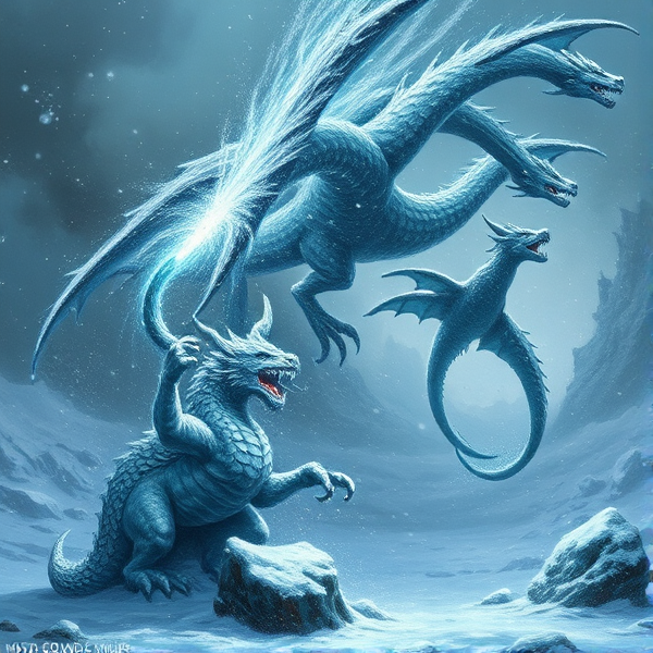 Dark fantasy painting, an intricately carved ice dragon statue stands fiercely, emitting a powerful beam of ice from its open beak, directed towards a majestic, five-headed dragon, Tiamat, soaring amidst the chaos of a raging blizzard storm, with snow and wind swirling around the scene