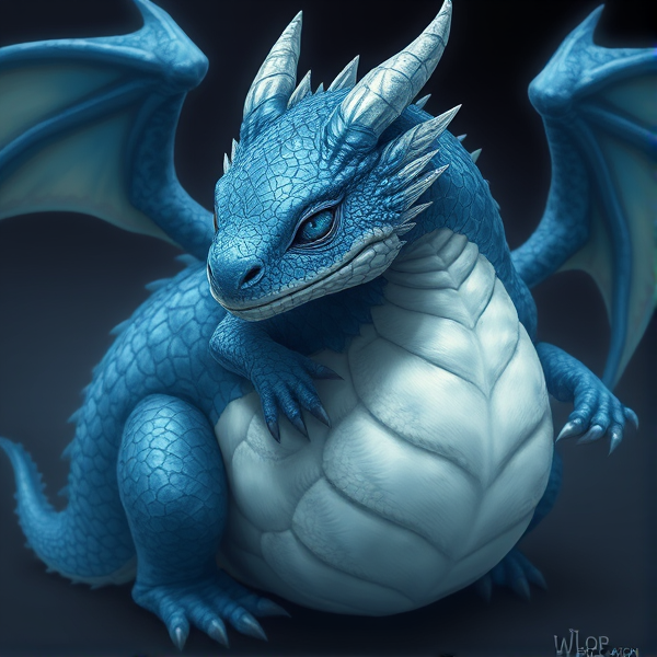 A blue and silver, fat, round bellied baby dragon