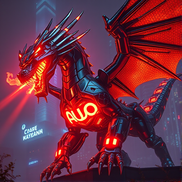 A majestic cybernetic dragon towering with sleek metallic scales reflecting the neon cityscape. "AUO" emblazoned on its chest, radiating intense fiery light that pulsates with power, illuminating the intricate circuit patterns etched into its body. Wisps of digital smoke emanate from the beast's nostrils as it roars, revealing sharp, energy-infused teeth. High-tech armor plating adorns its limbs and wings, with glowing edge lighting accentuating each plate's contour. The dragon's tail is tipped with a luminous blade-like extension, and its eyes pierce through the darkness like laser beams scanning for targets in the urban wilderness below. With an homage to the Ukrainian flag.