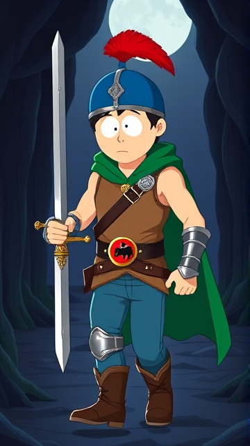 Stan Marsh from South Park, light skin and black hair, but as a 14-Year Old teenager with an extremely muscular torso, dressed as a medieval knighted warrior with a light brown tank top, a black belt with a red buckle adorned with a castle emblem, with a few pouches and the scabbard for his sword attached to it, blue jeans, steel armored boots, jeweled wrist cuffs, a big green cape, and a blue helmet with one silhouetted buffalo head emblem on both sides, outlined by silver steel rims lined around and across the top, with a long red feather sticking out at the top, now known as Sir Marsh. Despite still being a teenage kid, he is the Youngest Commander of the Zaronian Army, and one of the youngest and greatest heroes hailing from South Park, Colorado, but now reborn as the real life Kingdom of Kupa Keep, Zaron. His weapon is the legendary enchanted sword called the Slashing Blade Of The Ranger, which he swings with pride as he slashes his enemies down to size. He is currently walking through a dark cavern, on a quest to find a mysterious enchanted artifact.