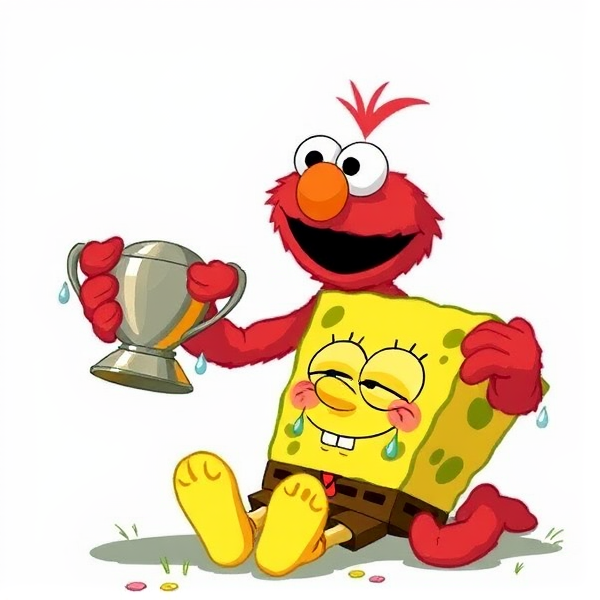 Elmo holding soccer trophy with SpongeBob on his knees in defeat crying with tears