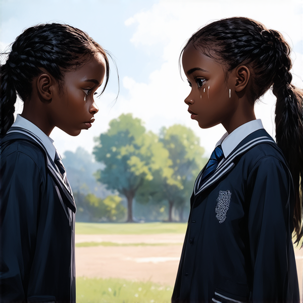 deux jeunes filles de huit ans portant des tresses africaines noires et des uniformes scolaires se tenant face à face dans une cour d'école, les yeux humides de larmes et l'air bouleversé alors qu'elles sont en pleine dispute