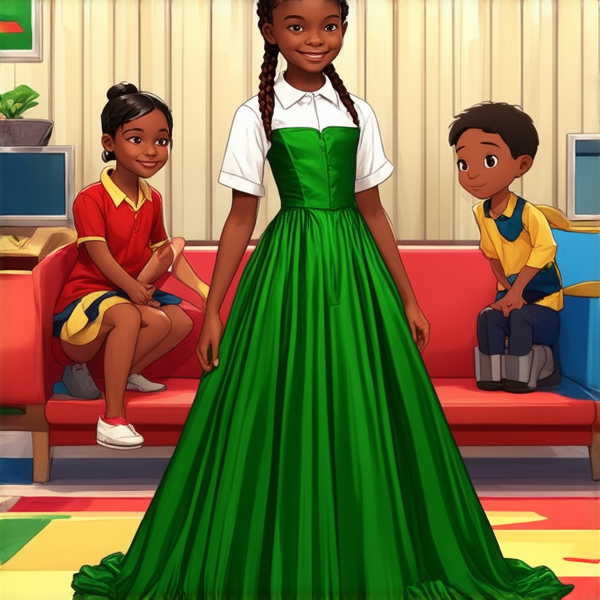 petite écolière africaine de 8 ans, avec des tresses africaines serrées et sophistiquées, vêtue d'une robe longue vert émeraude, souriante avec un air de bonheur contagieux, debout fièrement au milieu d'une cour de récréation animée par la présence joyeuse d'autres élèves en arrière-plan