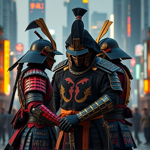 Two samurai warriors are faced with one ninja standing in front of them ready to fight in a intense battle