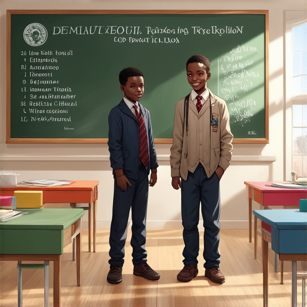 deux garçons noirs de 14 ans, vêtue d'uniforme scolaire , debout souriante et concentrée devant un tableau noir rempli de regles d'orthographe en français  dans une salle de classe ensoleillée et colorée avec des bureaux en bois et des affiches éducatives sur les murs