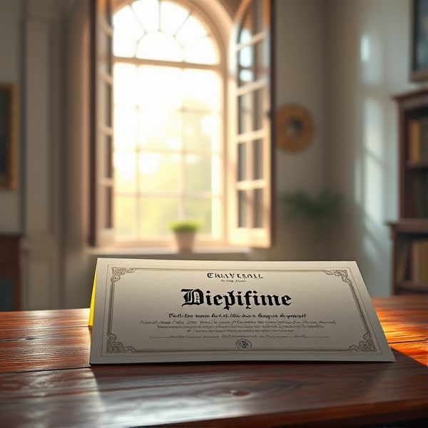 diplôme posé soigneusement sur une table en bois avec l'inscription diplôme lumière douce de matin filtrant par une fenêtre ouverte, ambiance studieuse