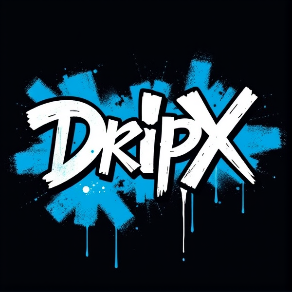 Write Dr!pX as a  and make it cyan-and-white and  with spray paint graffiti logo