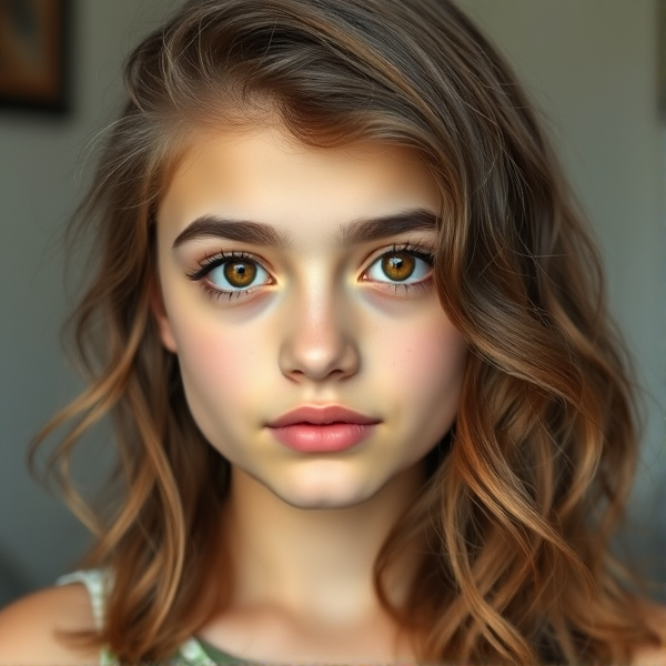 A 14 year old girl with wavy brown hair and brown eyes with medium thick eye brows medium thick lips and medium Langtry eye lashes