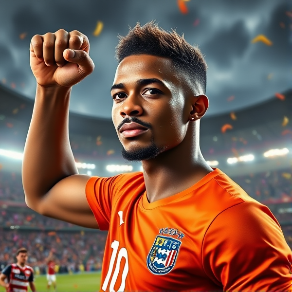 Portrait hyper-réaliste de Memphis Depay, le héros triomphant de l'équipe des Pays-Bas, capturé dans l'apogée de la gloire suite à son but victorieux en finale de la Coupe du Monde. Son visage est animé par un mélange d'émotions intenses, ses yeux brillants reflétant une détermination féroce, bordés de rouge et humides de larmes cristallines d'euphorie pure. Les projecteurs intenses mettent en valeur chaque perle de sueur qui glisse sur sa peau hâlée et dessinent les contours de sa musculature définie et sa mâchoire carrée - témoignages éloquents de son engagement inébranlable. Ses cheveux courts palpitent avec la tension électrisante du stade environnant, tandis que ses tatouages iconiques et sa barbe parfaitement taillée ajoutent à l'authenticité du moment. Il porte fièrement le maillot orange vibrant des Pays-Bas, ajusté à son physique athlétique, avec le numéro 10 illuminé par un halo blanc immaculé. Levant un poing victorieux vers un ciel orageux dramatique, il incarne la puissance d'un orage approchant, réverbérant avec la passion ardente des supporters dont les visages sont peints aux couleurs nationales oranges et blanches; leur joie collective créant une cacophonie visuelle en arrière-plan. Des confettis colorés volent dans l'air au-dessus d'une pelouse éclatante sous les spots lumineux; ses coéquipiers forment une mosaïque vivante d'esprit d'équipe en contraste net contre un ciel strié par les éclats stroboscopiques des caméras capturant ce moment historique. Le regard acéré de Memphis Depay trahit celui d'un guerrier satisfait mais toujours assoiffé de triomphe, entouré par une ambiance exaltante où règne une folie contagieuse.