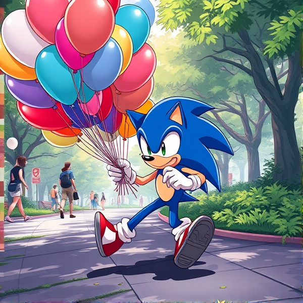 Sonic the Hedgehog captured mid-stride in a dynamic running pose, gripping a vivid collection of assorted balloons 500 each measuring 16 inches, amid a bustling park filled with activity and greenery, all illustrated in a richly saturated anime art style