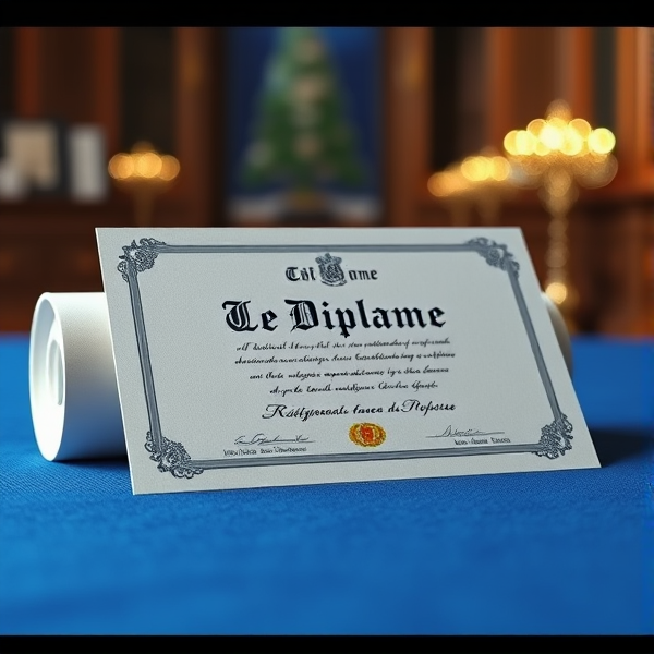 Diplôme écrit en français posé sur une table  bleue