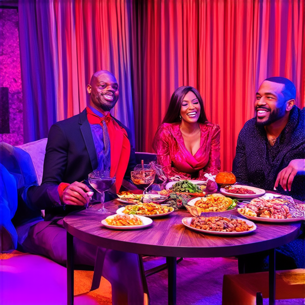 Repas de famille afro-américaine chaleureux et convivial, avec un grand assortiment de plats traditionnels soul food sur une grande table en bois, entourée de membres de la famille riant et partageant des moments ensemble dans une salle à manger bien éclairée et décorée pour l'occasion