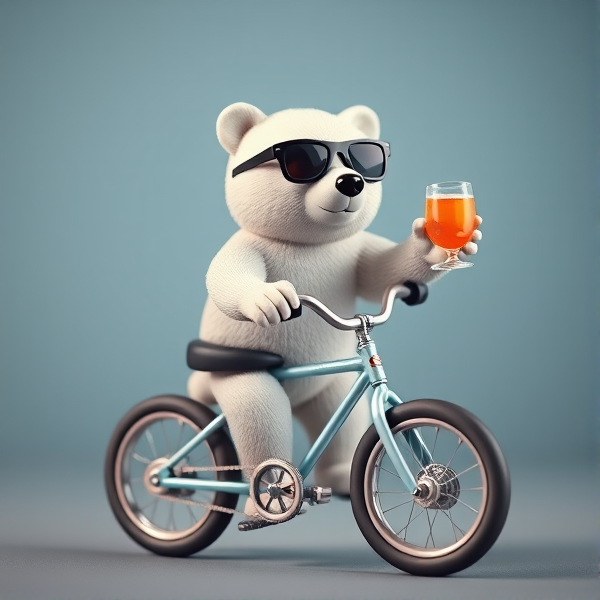 Polar Bear riding a BMX with sunglasses on drinking a cold bear
