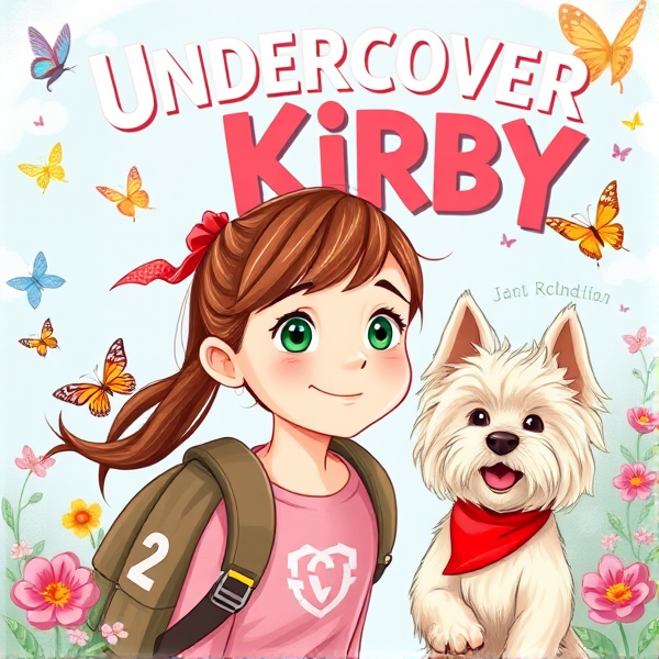 Bright and whimsical book cover design featuring a 10 year old with brown ponytail with red ribbon and small round green eyes as the protagonist on an adventurous journey, bursting with vivid colors and elements that appeal to 10-year-old girls such as butterflies and pretty birds, and friendly cream long haired small maltese terrier dog with long hanging ears and red bandana around neck looking happily at protagonist.. The artwork should capture the essence of a childlike wonder and the excitement of exploration, ideally incorporating symbols of adventure like compasses, binoculars, or hidden paths. The typography should be bold and inviting, resonating with young readers' imagination and sense of fun. The title is: Undercover Kirby. The style should realistic hand drawn illustration