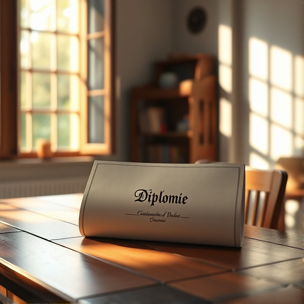 diplôme posé soigneusement sur une table en bois avec l'inscription diplôme lumière douce de matin filtrant par une fenêtre ouverte, ambiance studieuse