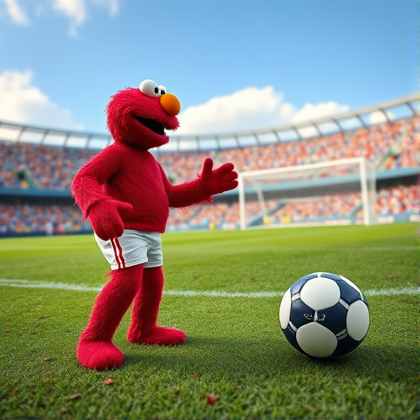 Elmo standing like Ronaldo ready to take a free kick with massive goal
