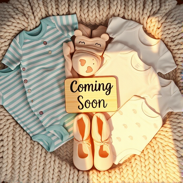 A close-up of an assortment of baby clothing including onesies, bibs, and booties neatly arranged in a heart shape on a soft woolen blanket. The colors are soft pastels, with playful patterns such as stripes and polka dots. Each item is adorned with gender-neutral designs like animals, rainbows, and clouds. In the center of the heart shape, a small wooden sign, reads "Coming Soon”, in black whimsical writing. The background is warm and softly lit to enhance the cozy and welcoming atmosphere of the announcement