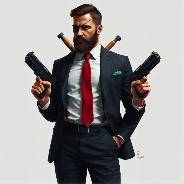 A meticulously crafted full-body portrait of John Abraham Marston, the archetypal tough male agent with cropped jet-black hair and a well-groomed beard that emphasizes his grit. His left eye is concealed behind an eyepatch, beneath which lies a striking scar -- a testament to his past battles and the blindness he's endured. He stands with a demeanor that radiates sophistication, clad in a pristine white button-up shirt smartly tucked into impeccably tailored black slacks, secured by polished leather suspenders. A splash of color emanates from his vibrant red necktie. His attire is finished with a custom-tailored black blazer, subtly reinforced with Kevlar lining for protection, subtly suggesting the perilous nature of his profession. On his feet are glossy, well-polished dress shoes that reflect the gravity of his role. Ready for action, John is equipped with Desert Eagle handguns featuring non-reflective black finishes and specially modified green laser sights for pinpoint accuracy. Crossed over his back in an 'X' pattern are his trusty melee weapons: a sharp katana and a heavy-duty fireman's axe, denoting his preparedness for close-quarters combat. These attributes affirm his commitment to "the agency," an enigmatic entity where he maneuvers through the underbelly of society; yet he grapples quietly with alcohol dependency as a coping mechanism for post-traumatic stress disorder.