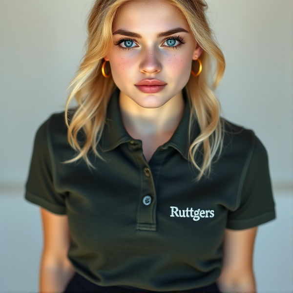 Photorealistic portrait of a youthful, naturally beautiful 19-year-old woman with blonde hair styled softly to convey an effortless appearance. Her bright blue eyes are accentuated by thick black lashes and her face is framed by a heart-shaped countenance. A delicate scattering of light freckles embellishes her nose, adding charm to her front-facing pose. She dons a dark green-gray polo shirt, the fabric clinging just enough to suggest a slender figure without being tight, featuring subtle white embroidery that spells "Ruttgers" over the left chest area. This is paired with a tasteful black mini skirt that enhances her chic yet simple style. Small gold hoop earrings add a modest touch of elegance to complete the image which embodies youthful grace and an air of simplicity.
