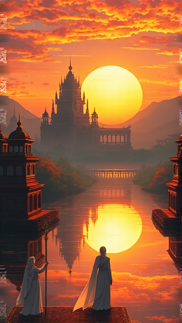 A grandiose landscape with a colossal, radiant sun setting behind ancient, ornate temples, its last rays casting golden hues over a tranquil river that reflects the scene. The sky is a tapestry of warm colors transitioning to a starlit dusk. Ethereal figures clad in regal attire bask in the glow, their expressions are ones of serene triumph as if they are timeless guardians of this realm. The entire scene is framed by an aura of mystique and awe, embodying the concept of 'everlasting glory'.