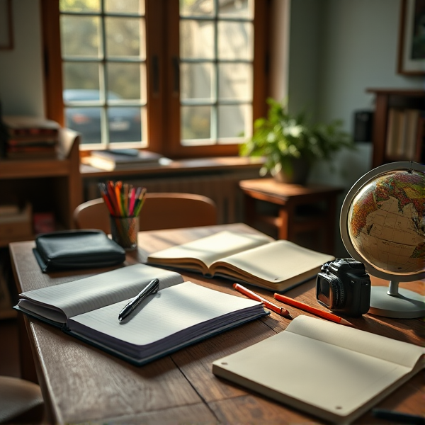 table en bois éclairée par la lumière naturelle de la fenêtre, couverte de fournitures scolaires comme des cahiers ouverts, des stylos, des crayons, une trousse et un globe terrestre  .