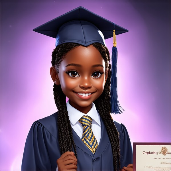 jeune fille noire de huit ans avec des tresses africaines traditionnelles, habillée élégamment pour une cérémonie de remise de diplôme, tenant son certificat, souriante et fière