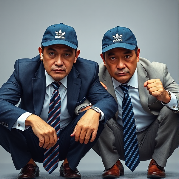 Deux  différents hommes d'affaires japonais puissants mature  accroupis et faché  portant des casquettes Adidas  et des cravates rayées longues  bleue rouge et oreillettes Apple 
Ils sont complices et conquérants , ils dominent 
 , accroupis pas trop et regard fort
Ils sont hypnotisant du regard , amis, complice , envoûtant , charismatique 
Ils se tiennent par les épaules , il fixent l objectif de la caméra