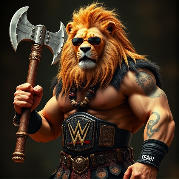Un Lion barbare dieux du soleil une hache, avec des poils de lion et une carrure imposante et avec la ceinture de la wwe le catcheur et ces lunettes de soleil, il a un tatoo sur le bras écris YEAH!
