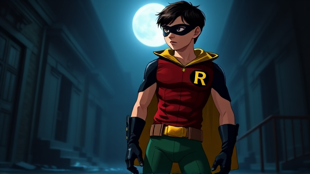 Movie Scene: A preteen 12-year old boy with light skin and dark brown hair named Connor Bardley, but dressed as Robin, The Boy Wonder, with an extremely muscular body, a sleek green suit with a red torso with a black circle with a yellow R symbol on his left pectoral, a gold utility belt, black boots, black long-cuffed gloves, a big, heel-length, ultra-wide collared cape that's black on the outside and yellow on the inside, and a black eye mask, standing in an abandoned house at night, looking for clues to the mystery he is trying to solve.
