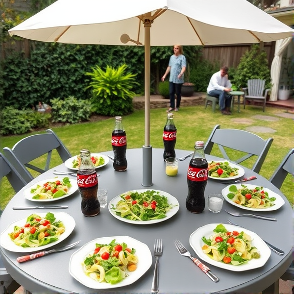 une table grise en extérieur dans un jardin, avec 7 assiettes remplies d'une salade césar, couverts,  deux bouteilles de coca, un parasol au centre de la table, des serviettes, sel et poivre, sauce césar. 
met deux personnes debout dans le jardin avec un verre a la main, 1 personne assise qui regarde son téléphone