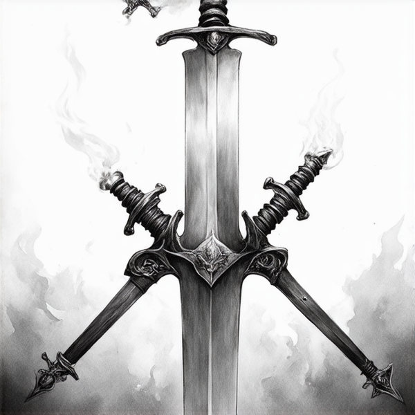 Trois épées croisées en leur centre et représentant chacune un élément, une de feu, une de terre, et une de vent . L'épée du milieu représentant l'élément du feu est placée verticalement. L'épée représentant l'element de la terre de manière féminine, elle est placée avec un angle 315 degrés par rapport à l'épée verticale représentant le feu. L'épée représentant l'élément du vent est placée 45 degrés par rapport à l'épée verticale représentant l'element du feu. Les épées sont de style médiéval européen et ont leur pommeau vers le haut. L'image doit être réaliste.