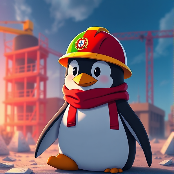 Pingouin dans un chantier avec le drapeau Portugais sur le casque