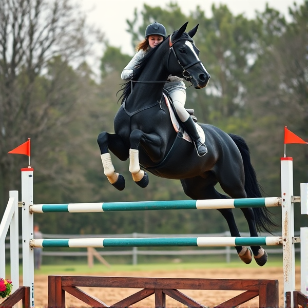 full jump image of a teenager girl jumping a oxer jump on a big black horse with white legs with full gear on
do not cut the jump out show the entire jump show the ground aswell