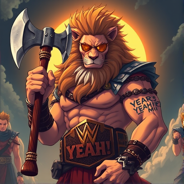 Un lion barbare dieux du soleil, il tien une hache dans la main, avec des poils de lion et une carrure imposante et avec la ceinture de la wwe le catcheur et ces lunettes de soleil, il a un tatoo sur le bras écris YEAH!