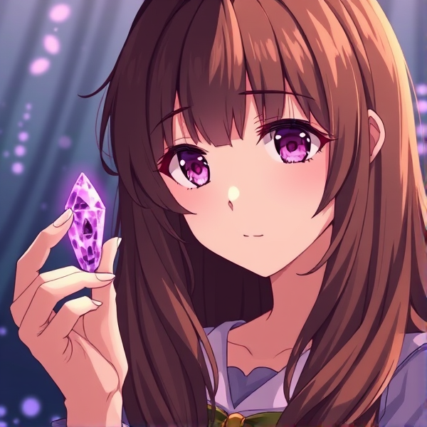 Girl with long brown hair looking at a small purple crystal anime style