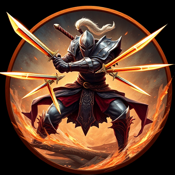 Create a warrior RPG icon depicting a fierce, armored warrior in mid-action performing a powerful whirlwind attack, with dynamic motion lines suggesting rapid spinning and multiple gleaming swords extended outward to strike adversaries. The background should be a stylized tempest to enhance the effect of the skill, with elements of wind and energy that give off an aura of raw power, all encapsulated within a suitable circular frame for an RPG game interface.