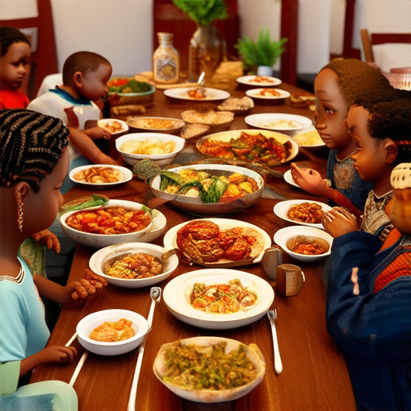 Repas de famille afro-américaine traditionnel, réunis autour d'une grande table avec des plats faits maison typiques