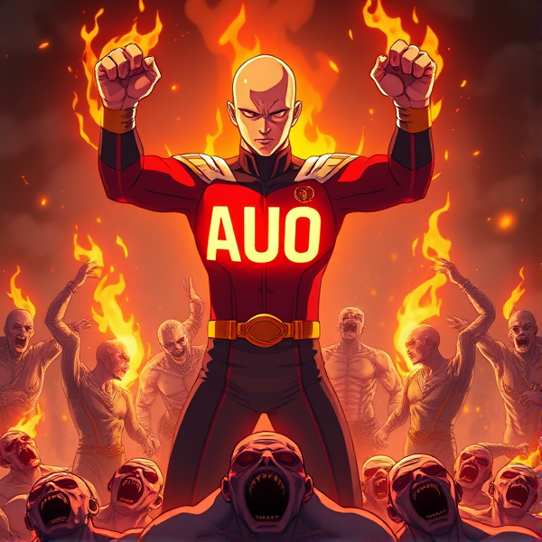 Saitama with the letters "AUO" glowing with flames on his chest, standing triumphantly over dead zombies.