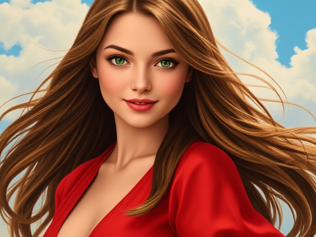 A painting of a beautiful woman with flowing long brown hair that cascades over her shoulders, piercing green eyes that seem to sparkle with life, wearing an elegant white skirt that sways gracefully with the soft breeze and a vibrant red blouse that complements her radiant complexion, as she smiles gently with a touch of warmth that invites serenity