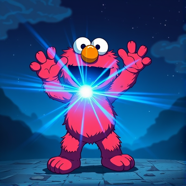 Elmo using a blue kamehameha beam in the distance