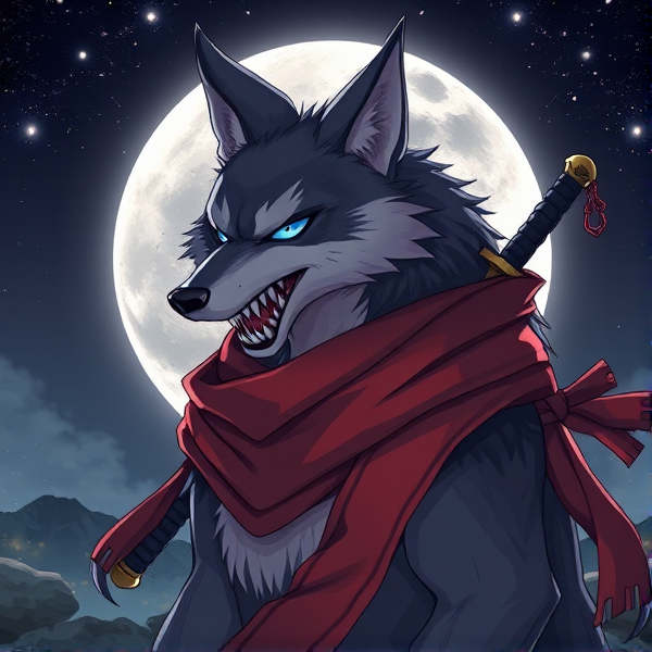 Loup roublard maitre de la lune avec un écharpe rouge autours du cou et avec deux épées dans le dos